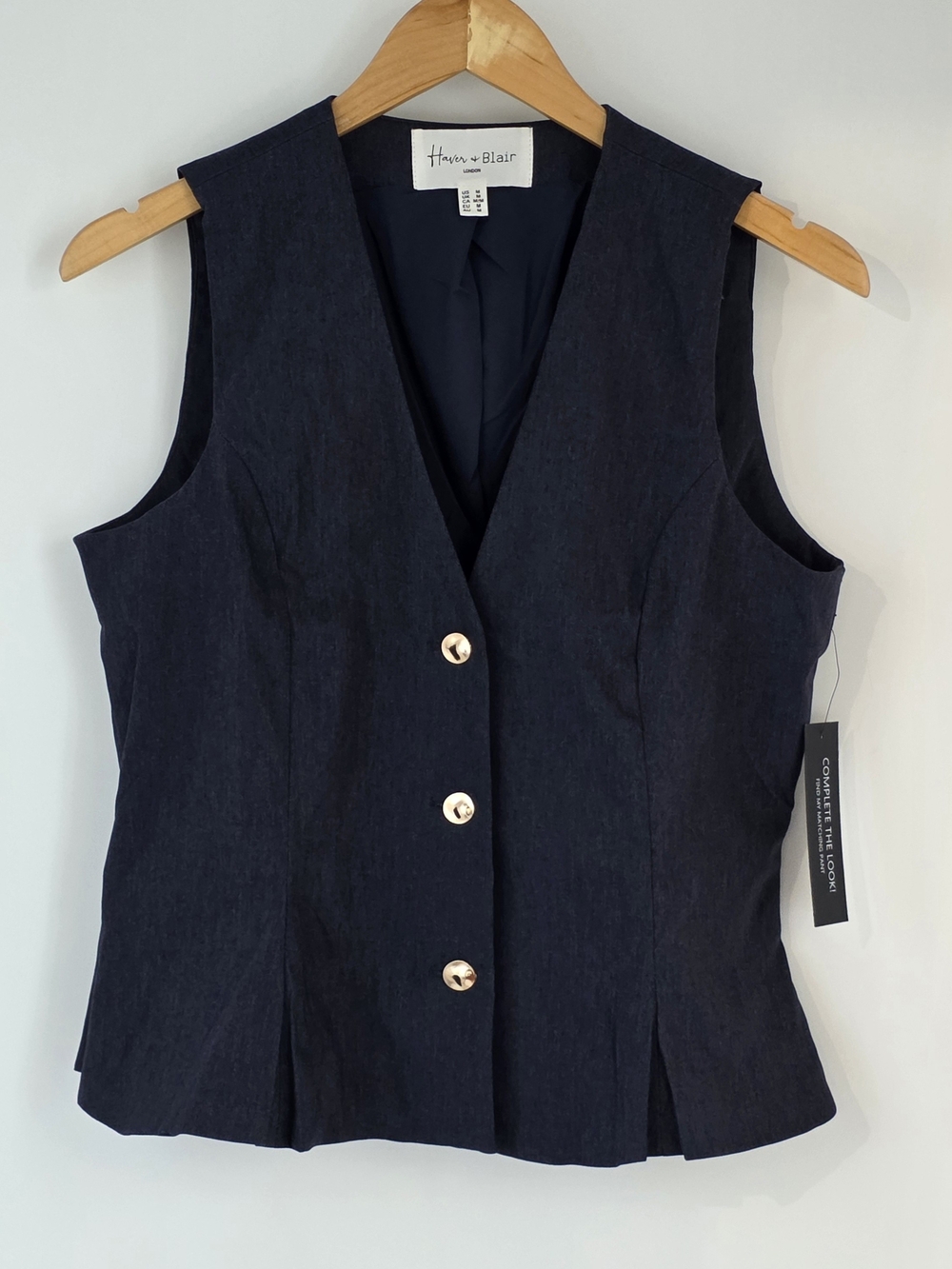 Haver + Blair Navy Tailored Vest w/Princess Seam Panels and Goldtone Buttons Med